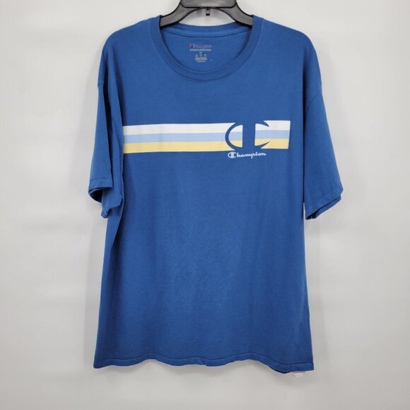 Champion Men Blue Short Sleeve Crew Neck Stripe Graphic Tee Shirt Top Size XL - Picture 1 of 11